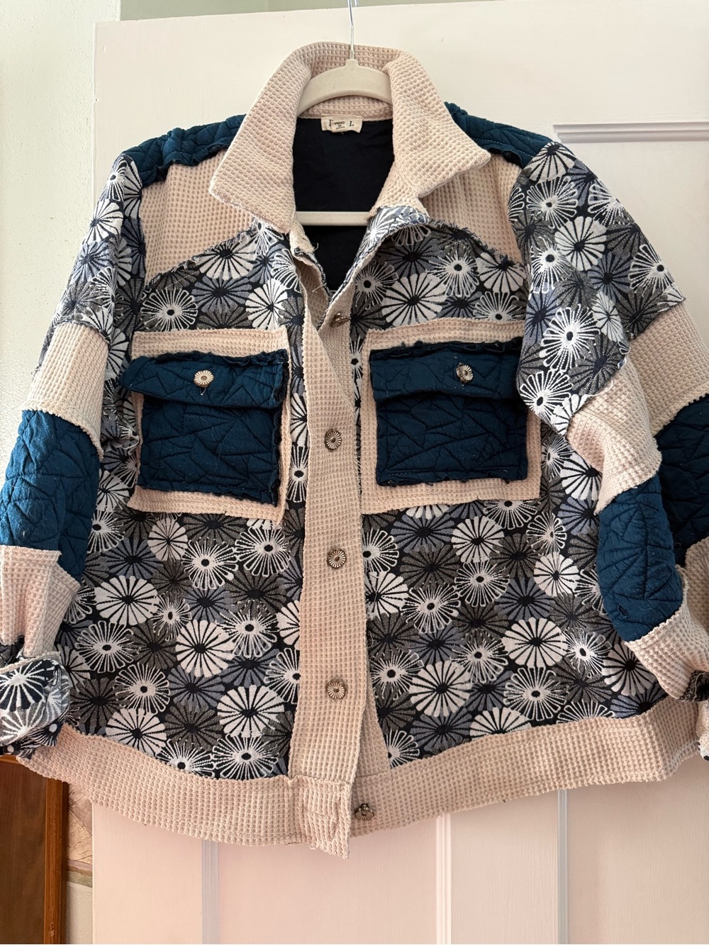 POL Quilted Patchwork Jacket - Cream & Blue